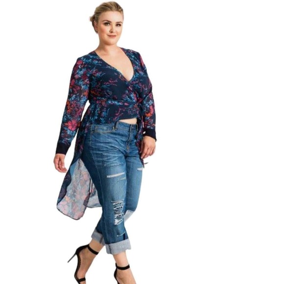 WOMAN'S Plus 3X Standards and Practices Blue Floral High Low Wrap Top Blouse - Picture 1 of 12